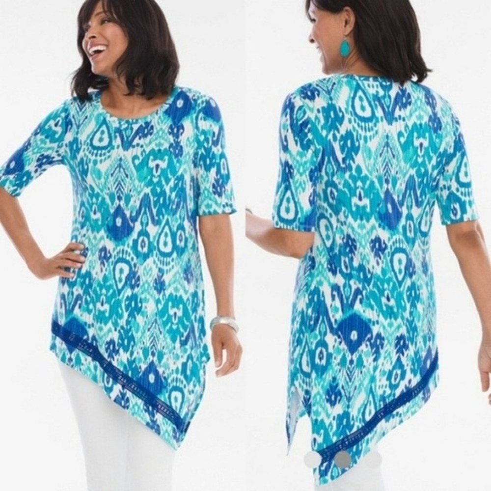 Chico's Sharkbite Hem Ikat Print Tunic Top Womens Blue Turquoise Size 1 M